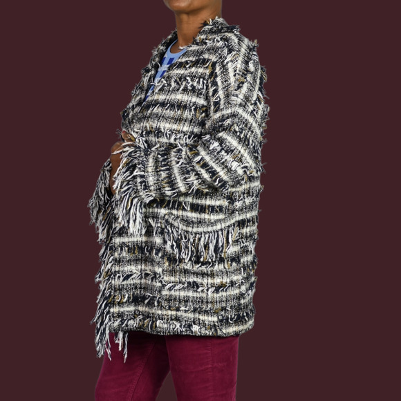 Zara Basic Fringe Tweed Coat Jacket Black White Metallic Thread Open Front Small - Picture 6 of 15